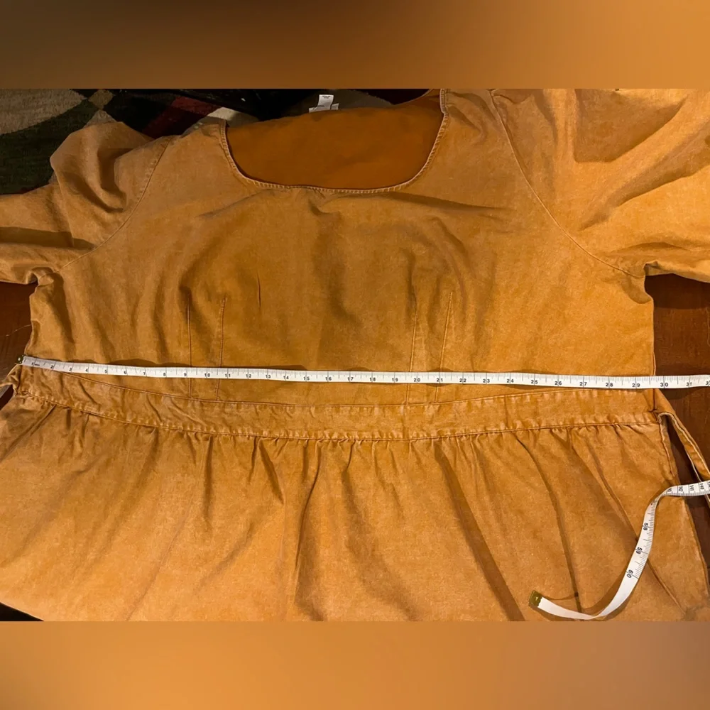 Ava & Viv tiered dress. Balloon 3/4-Sleeve A-Line. Midi, 100% cotton. Mustard 4X - Picture 9 of 12